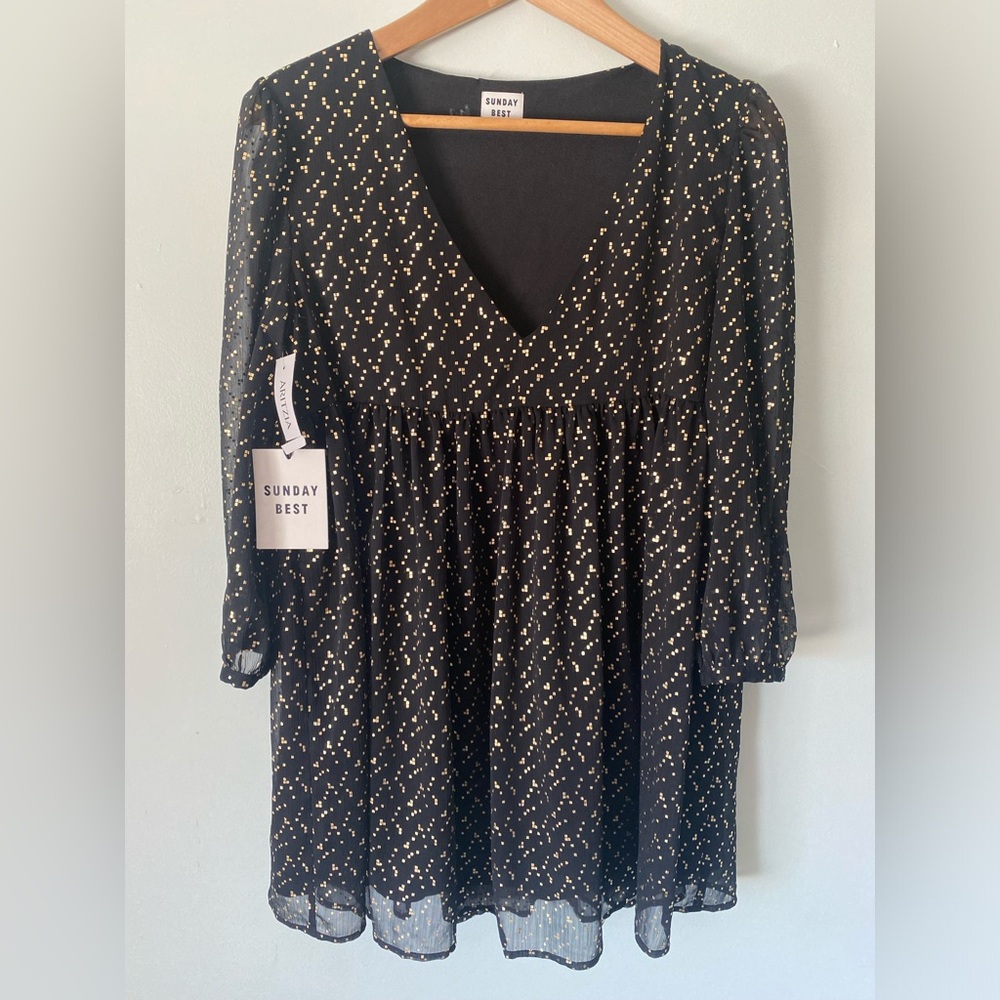 Sunday Best Aritzia Jinx Long Sleeve V Neck Black Gold Babydoll Dress Size XS - Picture 5 of 11